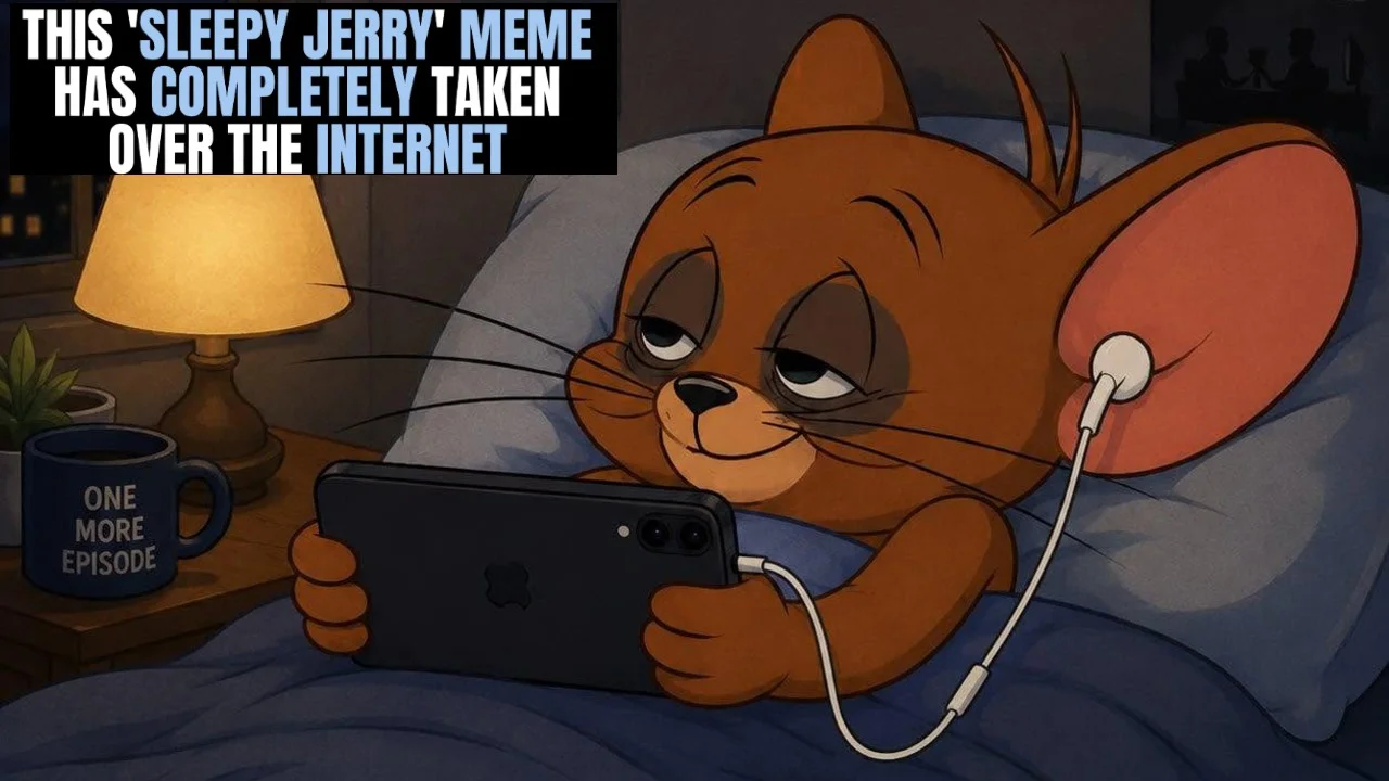 Cover image for the 'Sleepy Jerry' meme, depicting the AI-illustrated Jerry mouse awake in bed scrolling his phone.