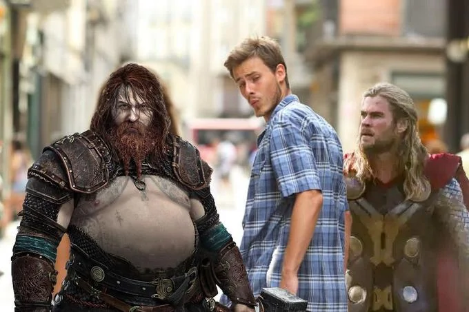 Distracted Boyfriend MCU versus GoW mashup.
