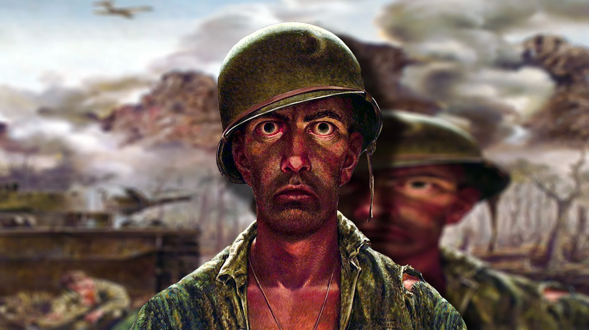 The iconic Tom Lea painting 'Marines Call It That 2,000 Yard Stare' (1944), the visual source and namesake of the thousand-yard stare meme.