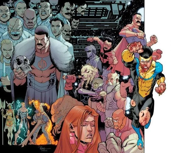 The original Thragg and Viltrumites panel from Invincible alongside parody recreations featuring different cartoon characters.