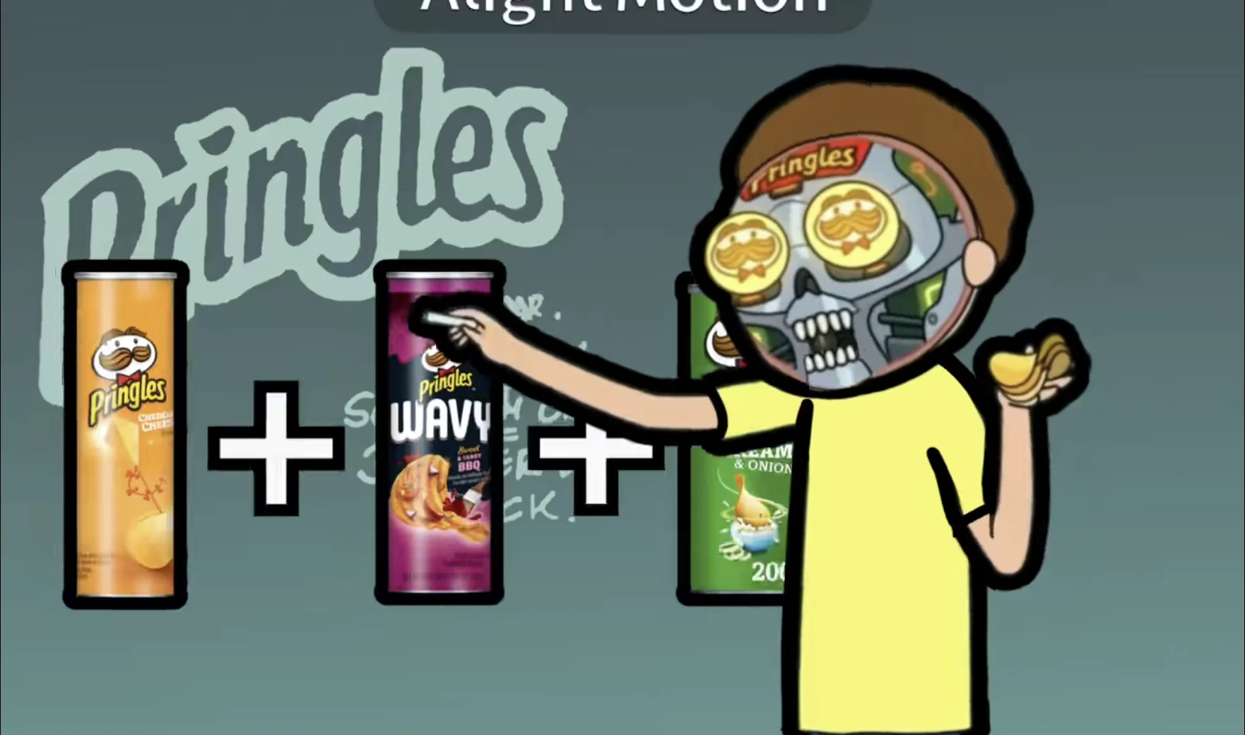 The 'three layer dip stack' formula: Cheddar + Wavy BBQ + Sour Cream & Onion Pringles combined into one snack, featuring the Pringles Morty character.