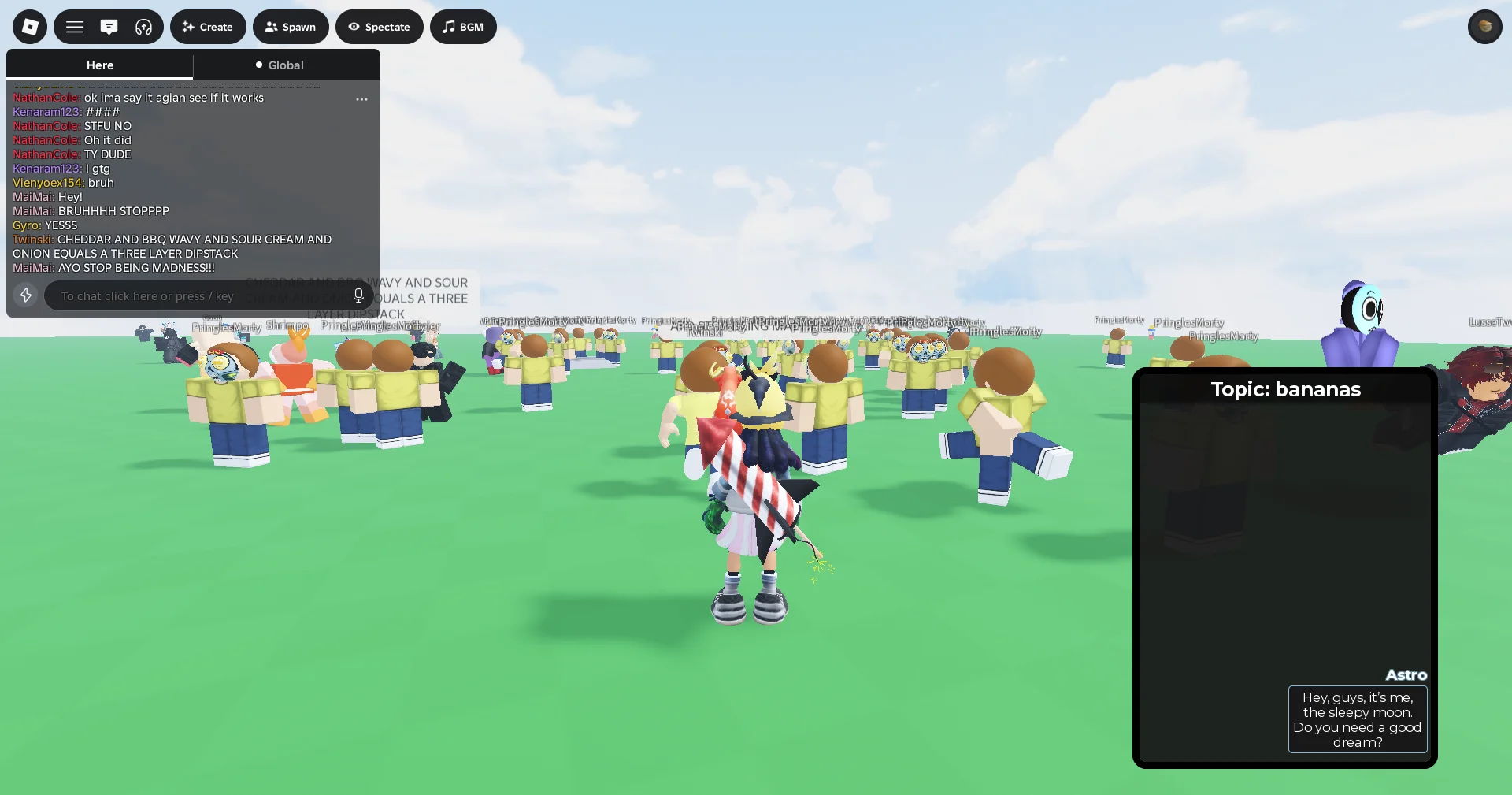 A Roblox gathering of Pringles Morty avatars where players chant the three-layer dip stack recipe in the chat.