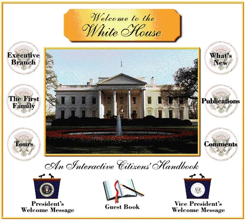 A nostalgic screenshot of the retro 1990s White House website design, often shared as a Throwback Thursday example of early web design.
