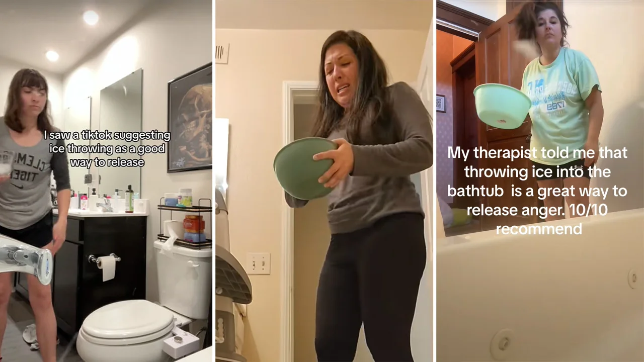 A composite banner showcasing multiple TikTok creators participating in the 'throwing ice in bathtub' therapy trend to release anger.