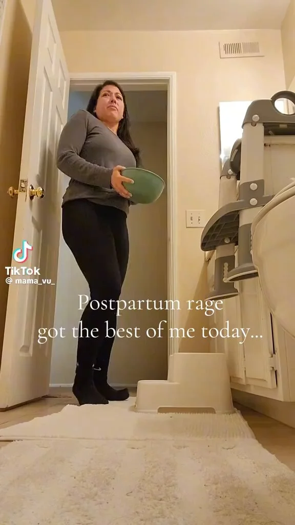 A TikTok clip from @mama_vu_ shows a mother holding a bowl at the bathroom doorway with the overlay 'Postpartum rage got the best of me today...' capturing the ice-throwing therapy trend.