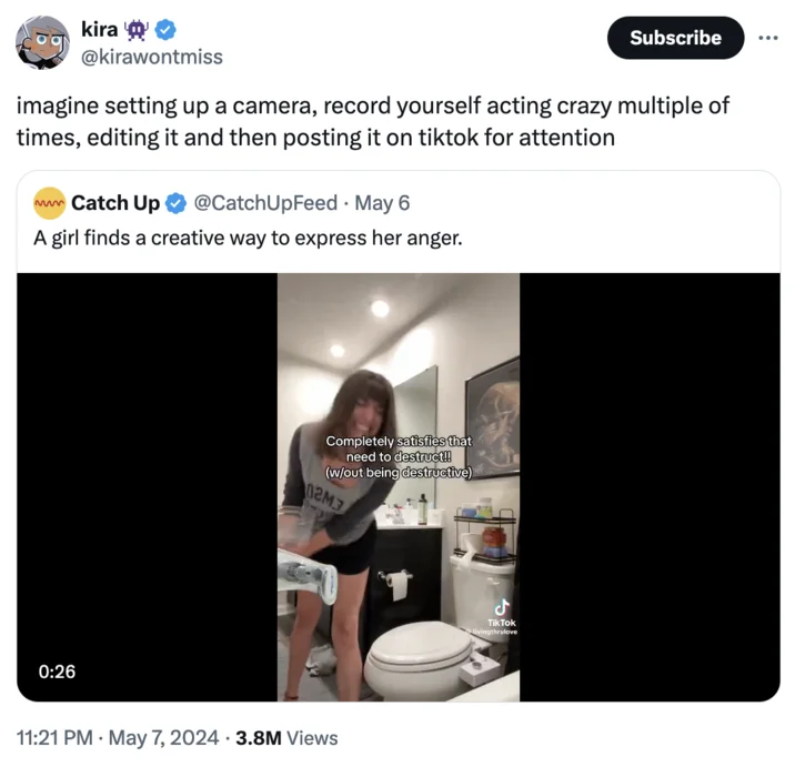 A viral Twitter reaction from @kirawontmiss quote-tweeting a Catch Up video of the ice-throwing trend, expressing skepticism about the behavior.