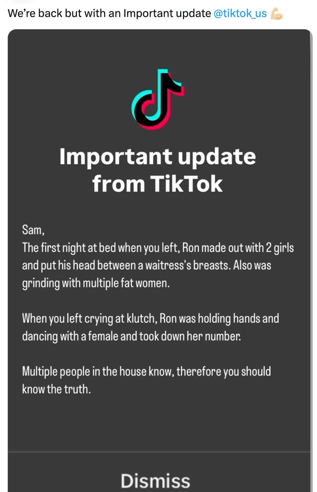 Official TikTok ban notification screenshot.