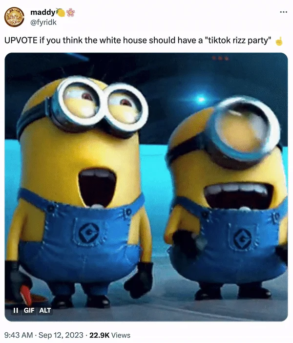 A viral tweet using an excited Minions GIF to joke about hosting a TikTok Rizz Party at the White House.