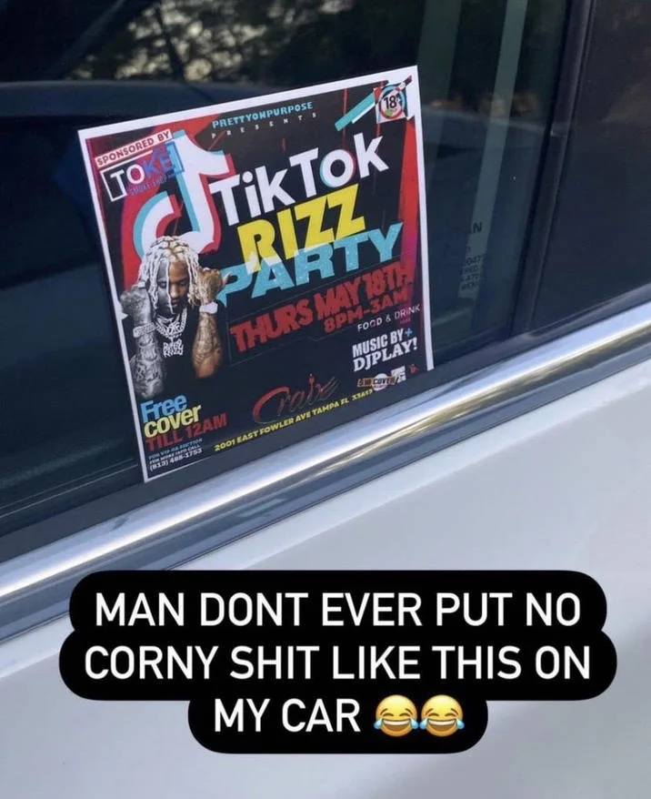 The viral social media post reacting to the TikTok Rizz Party flyer that helped propel the meme's spread online.
