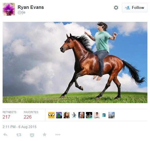 A popular Photoshop remix of the Time VR cover tweeted by Ryan Evans, showing Palmer Luckey riding a horse.