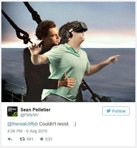 A Titanic-themed Photoshop remix of the Time VR cover tweeted by Sean Pelletier, captioned 'Couldn't resist.'