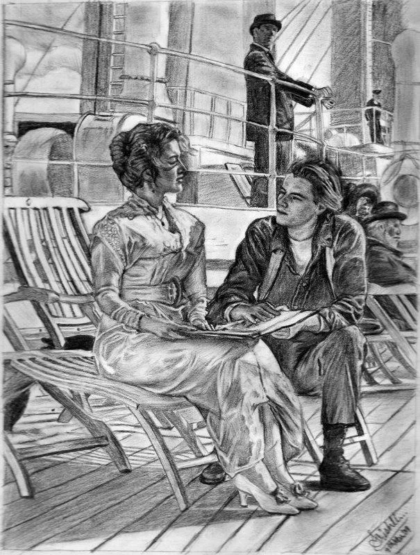 Fan art pencil sketch illustrating the famous deck scene from Titanic (1997).