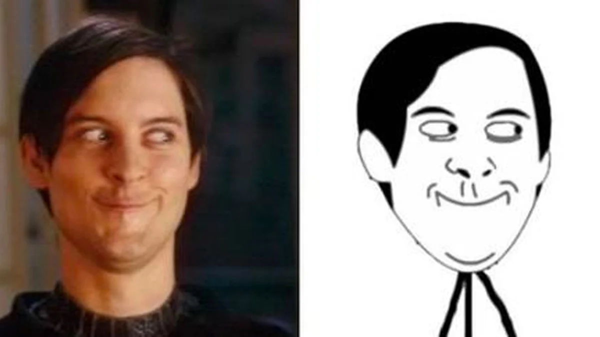 The Tobey Maguire face from Spider-Man 3 shown alongside its iconic rage comic adaptation that became the template for the meme.