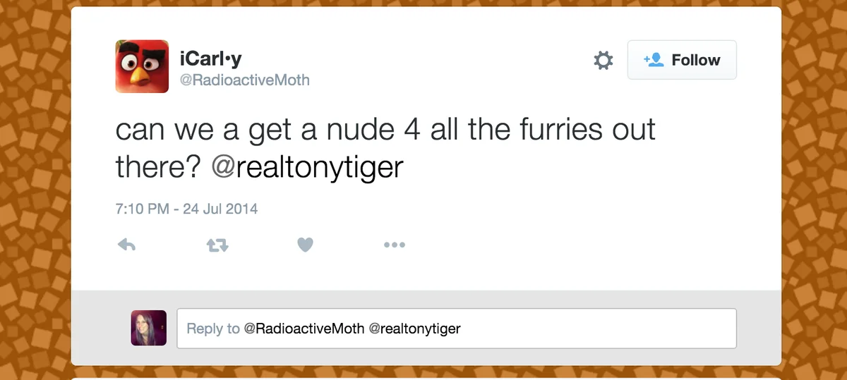 A furry user discovers they have been blocked by Tony the Tiger's official account, documenting the mass-blocking incident that defined TonyTigerGate in January 2016.