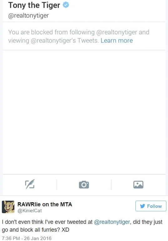 A Twitter thread showing furry users sending suggestive and flirtatious messages to the official @realtonytiger account, exemplifying the behavior behind TonyTigerGate.