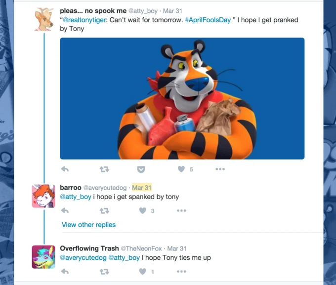An example of the lewd tweets sent to Tony the Tiger's official Twitter account that eventually prompted Kellogg's to begin mass-blocking furry users.