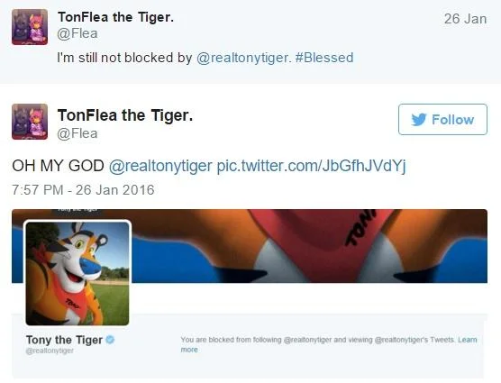 Another presentation of a 2014 tweet soliciting adult content from Tony the Tiger's official account, one of many that prompted Kellogg's eventual blocking spree.