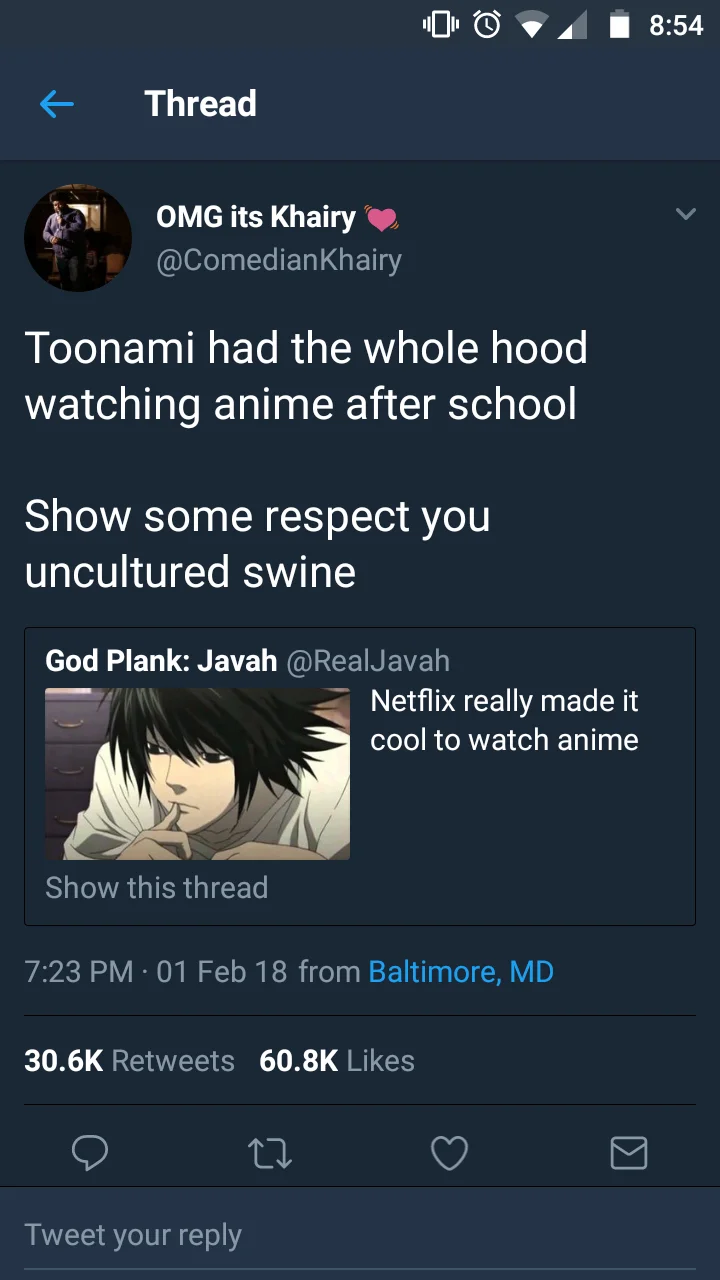 A viral 2018 tweet by @ComedianKhairy crediting Toonami, not Netflix, for making anime mainstream.