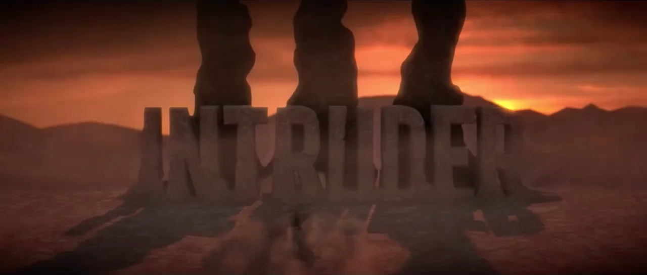 A promotional still from Toonami's long-running 'Intruder' event storyline, featuring the mysterious antagonist menacing TOM's world.