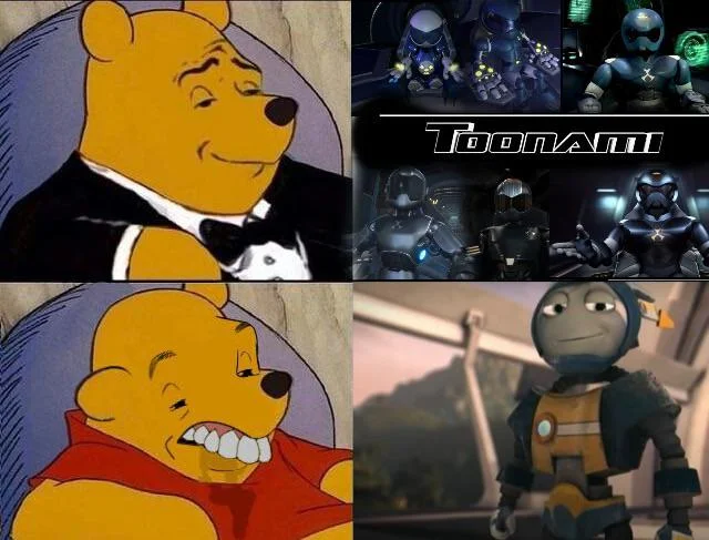 A 'Tuxedo Winnie the Pooh' format meme expressing fans' preference for the classic Toonami TOM designs over newer iterations.