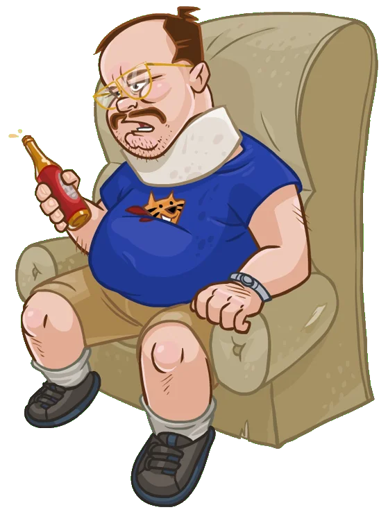 An original cartoon rendition of Danny the Tourettes Guy slouched in his recliner with a beer.