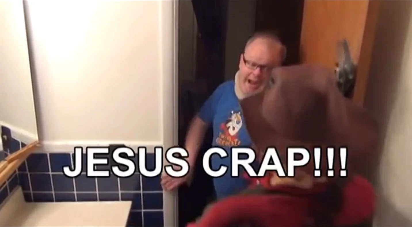 Danny storming into a scene mid-outburst with his trademark "Jesus Crap!!!" exclamation.