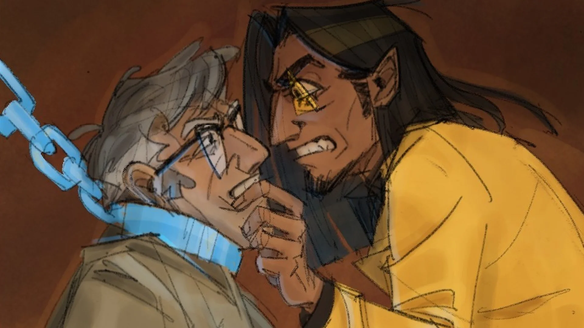 Fan art exemplifying the 'toxic yaoi' dynamic with one character restraining another via a chain collar.