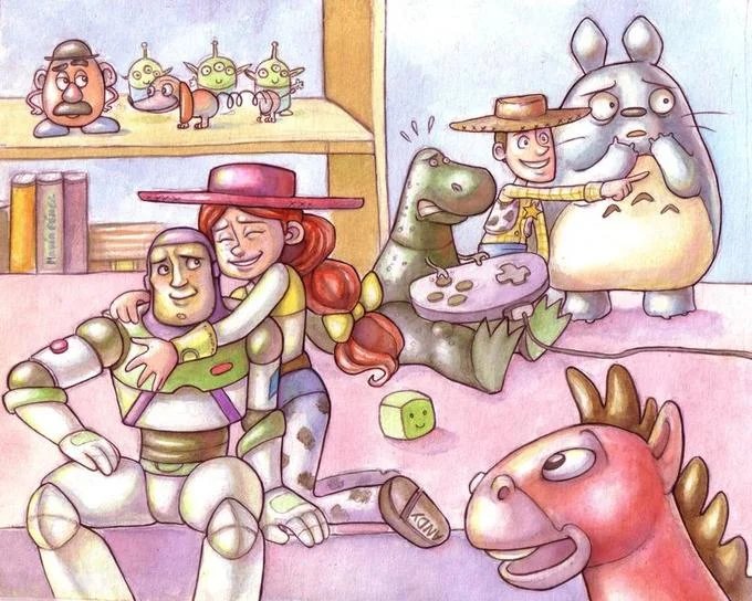 Fan-made painting of Buzz Lightyear and Woody, inspired by the classic Toy Story character dynamic.