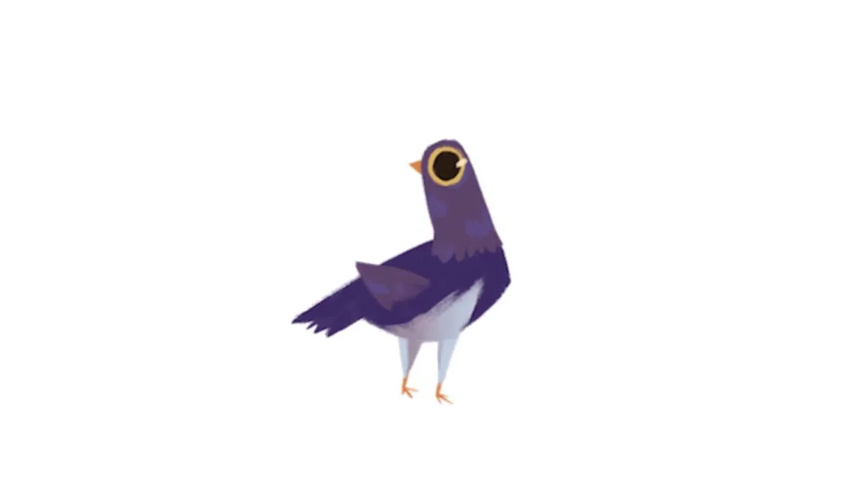 The original Trash Dove character created by Syd Weiler, a stylized purple pigeon with an exaggerated wide eye.