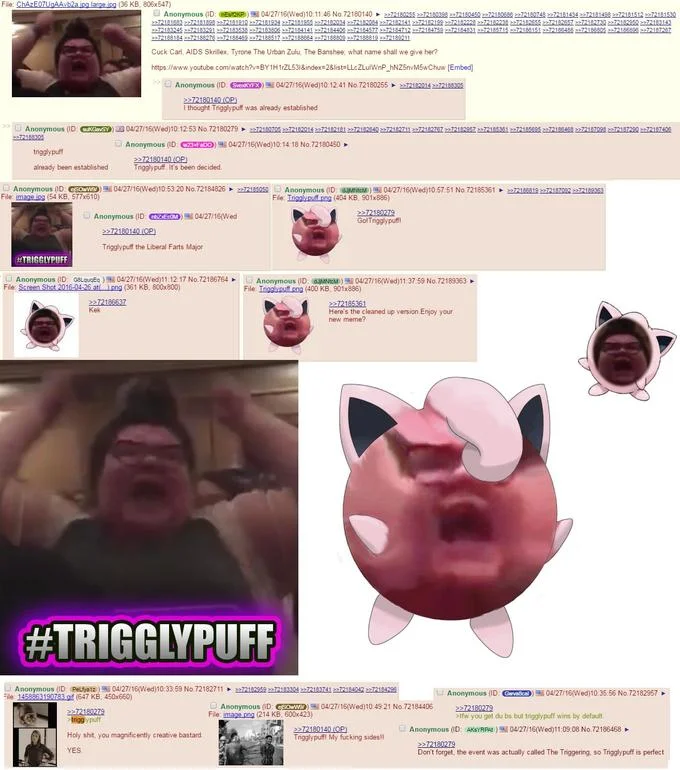 A 4chan thread archive showing anons collaboratively creating the Trigglypuff meme by combining Jigglypuff with the heckler's screaming face.