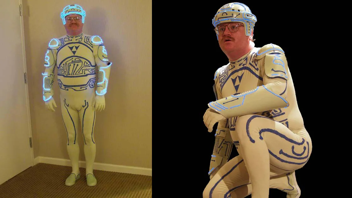 Jay Maynard, aka Tron Guy, poses in his handmade illuminated Tron costume, which brought him internet fame in the mid-2000s.