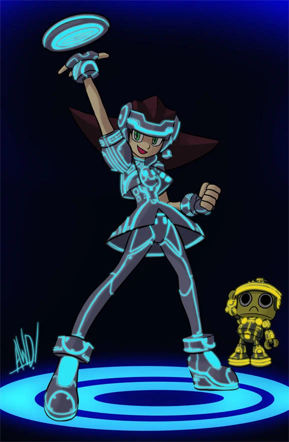 Cartoon fan art reimagining a character in Tron's signature glowing suit and identity disc.
