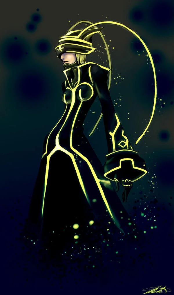 Fan art depicting an original character in the signature Tron glowing circuitry suit design.