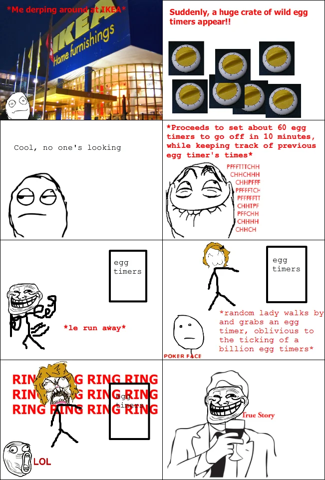 A rage comic depicting an IKEA egg timer prank, finished with the 'True Story' meme to validate the mischievous tale.
