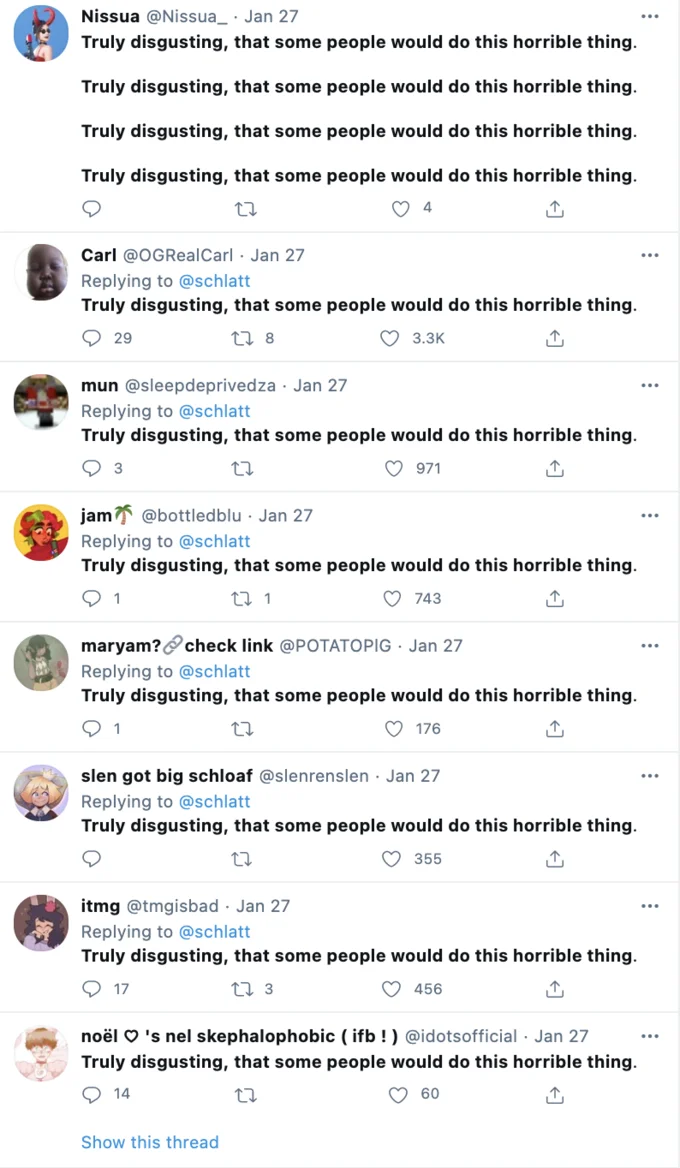 Coordinated Twitter copypasta flooding.
