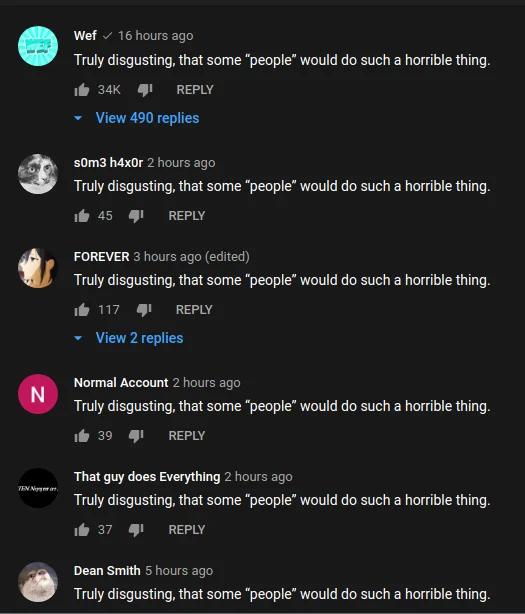 Later wave of copypasta spreading across YouTube.