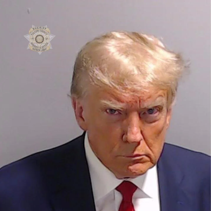 Canonical Trump mugshot with official badge.