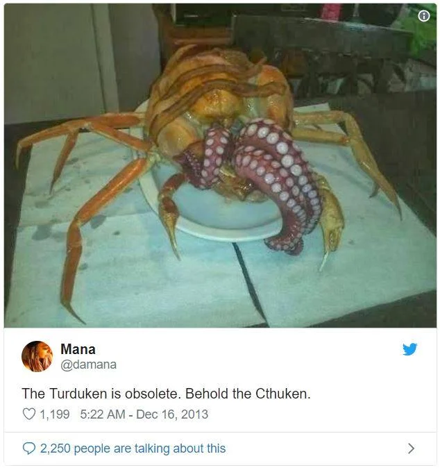 A viral 2013 tweet proposing the 'Cthuken' — a Lovecraftian variation on the turducken combining chicken, crab, and octopus.