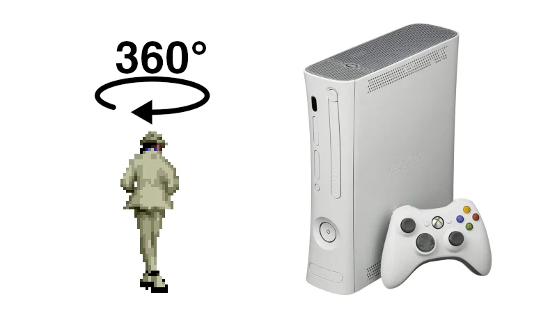 The iconic imagery of the 'turn 360 degrees and walk away' meme, referencing the Xbox 360 joke.