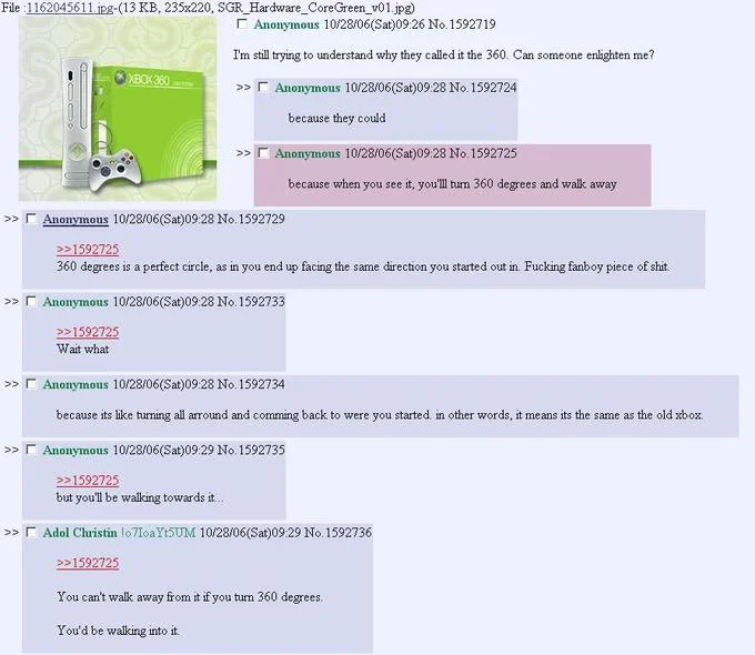 The original 4chan thread from October 2006 where the 'turn 360 degrees and walk away' joke first appeared.