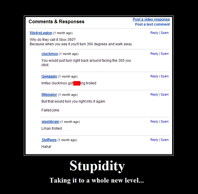 A demotivational poster capturing a YouTube comment exchange where users botched the classic 360-degree joke.