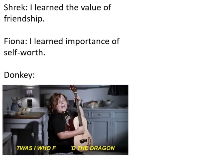 Shrek character learning comparison meme.