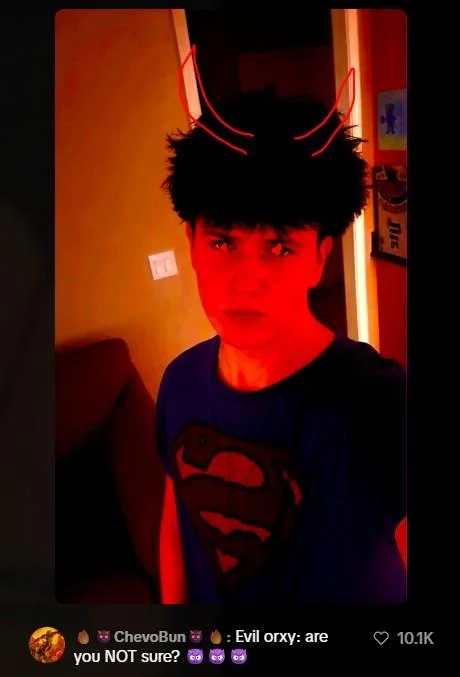 An 'Evil Oryx' fan edit of the U Sure Kid, tinted red with devil horns and the inverted caption 'are you NOT sure?'