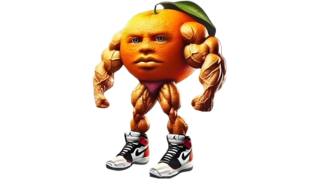 The signature AI-generated 'Udin Din Din Dun' character: a bodybuilder orange with a human face and Air Jordan sneakers.