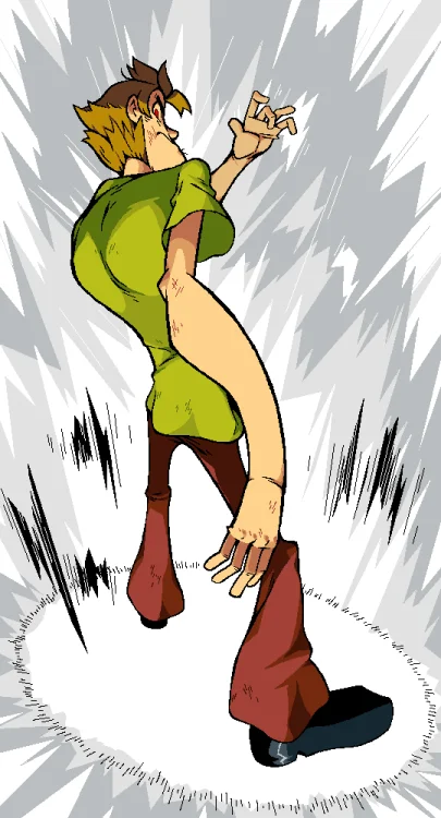 Action-pose fan art of Shaggy channeling his hidden power, drawn in an anime-inspired style.