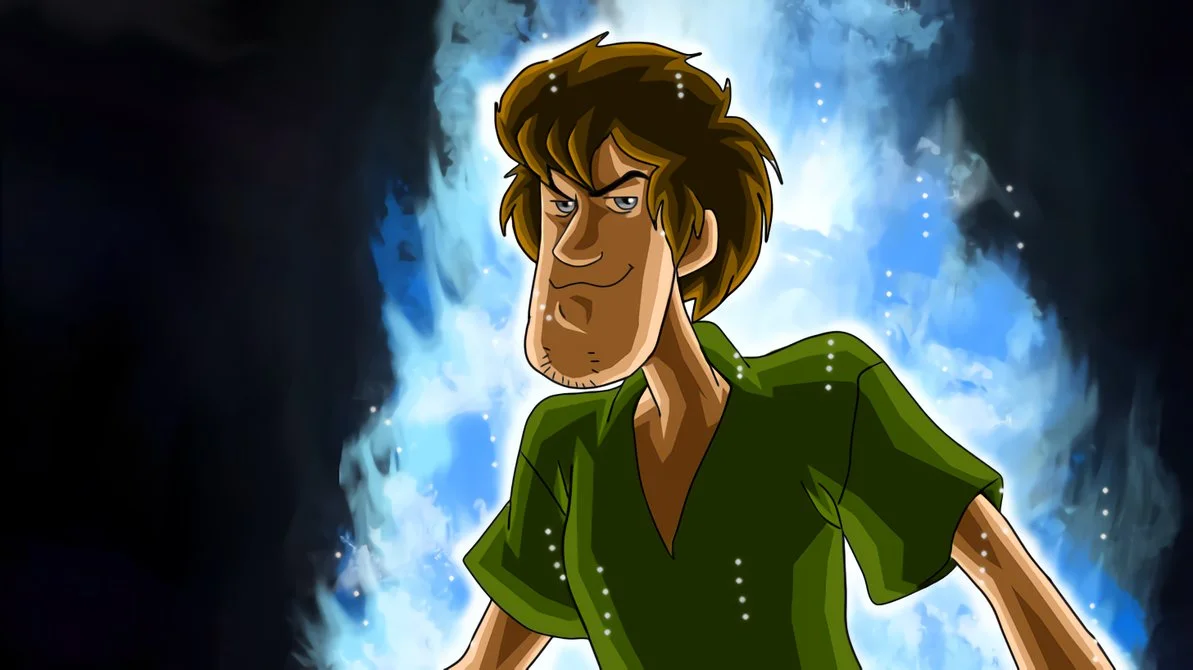 The iconic 'Ultra Instinct Shaggy' fan art depicting the Scooby-Doo character channeling the Dragon Ball Super transformation.