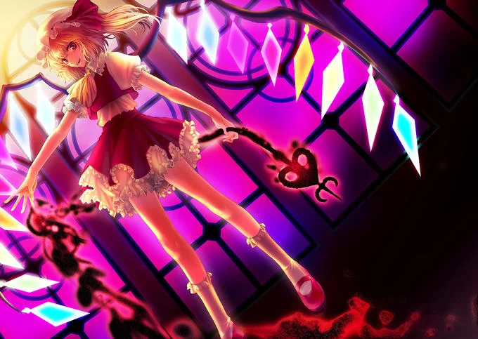 Fan illustration of Flandre Scarlet, the Scarlet Devil Mansion resident whose battle theme spawned the U.N. Owen Was Her? meme.