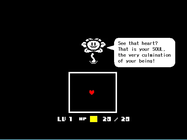 In-game screenshot of Flowey introducing the player's SOUL mechanic at the start of Undertale.