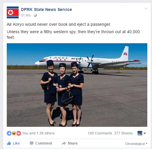 A satirical fake North Korean state news post comparing Air Koryo favorably to United Airlines after the Flight 3411 incident.