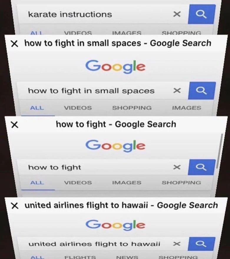 A joke image depicting a mock search history preparing to fight back after being booked on a United flight.